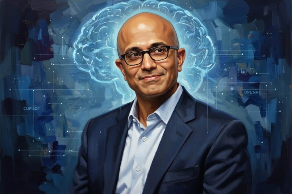 Un retrato al óleo de Satya Nadella